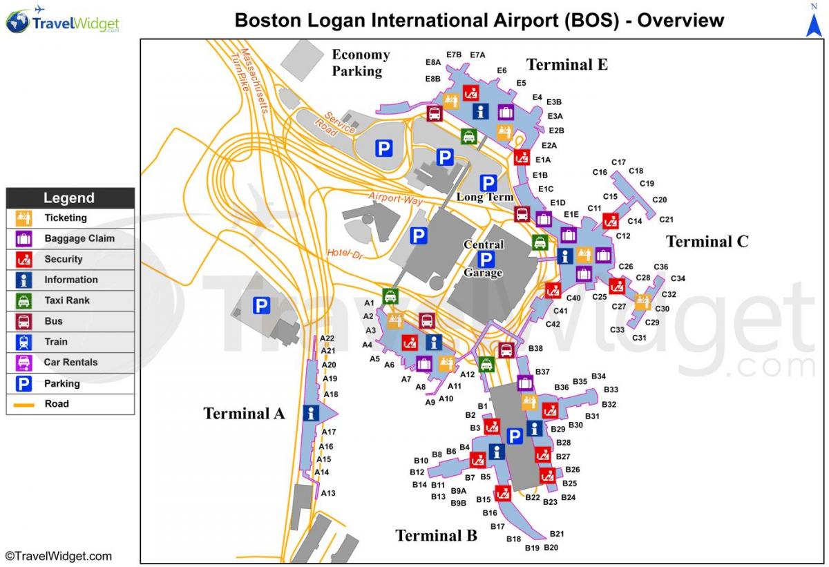 kart av Boston lufthavn