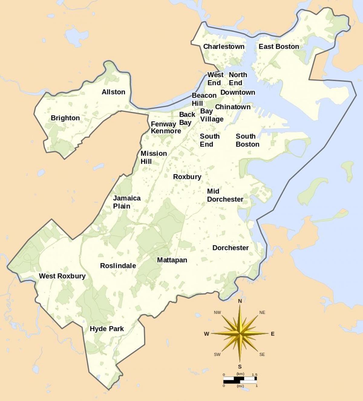 kart av Boston og omkringliggende området
